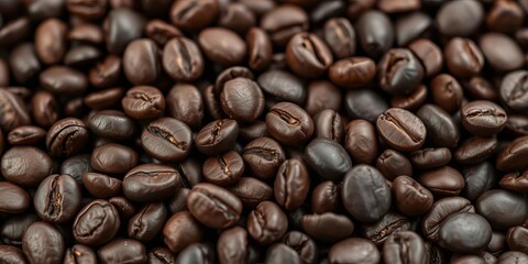 Obraz premium Dark roasted coffee beans, close-up detail showing rich texture and color, dark roast, dark