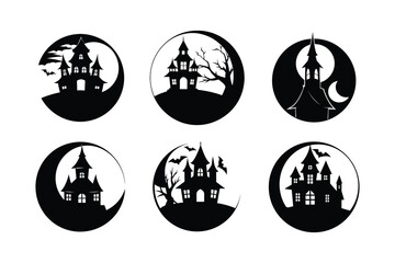 Full Moon Behind Haunted House Vector Illustration on White Background