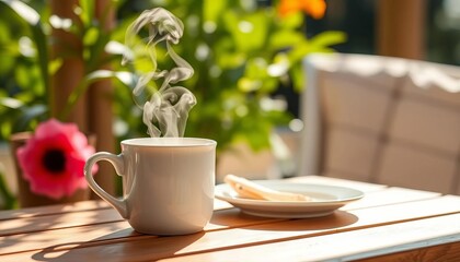 White ceramic mug, steaming coffee, sunlit table, summer ambiance, breakfast, latte