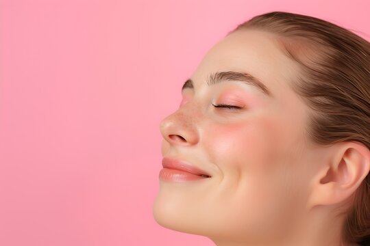Side profile woman with pink eyeshadow, Closed eyes and natural lips, Caucasian beauty skincare portrait, Pink background, Minimal copy space