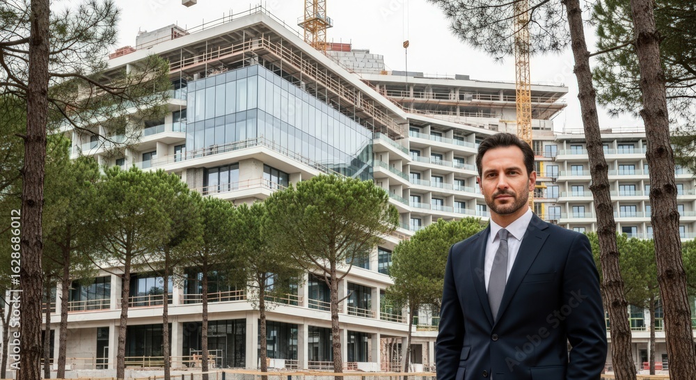 Poster a modern building with a person in the front. the person in formal wear is standing outside the stru