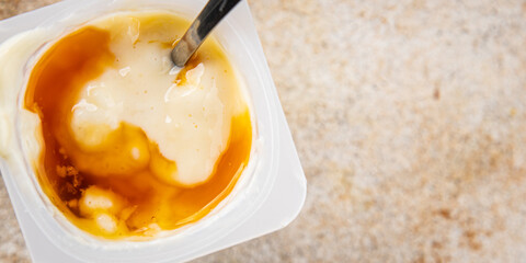 Rice pudding caramel syrup sweet dessert snack fresh delicious gourmet food background on the table...