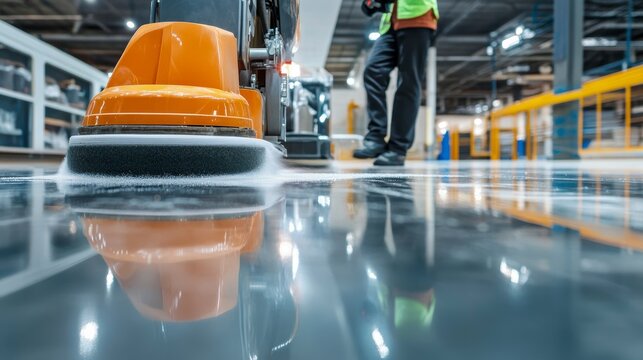 Industrial floor cleaning with a polishing machine and worker.