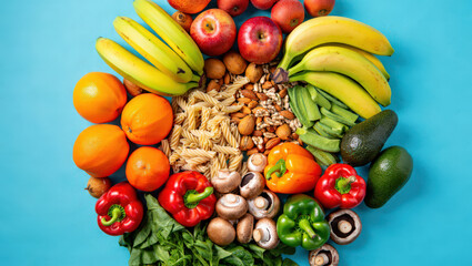 A Colorful and Nutritious Assortment of Fruits, Vegetables, Nuts, and Pasta on a Blue Background Promoting Healthy Eating and a Balanced Diet