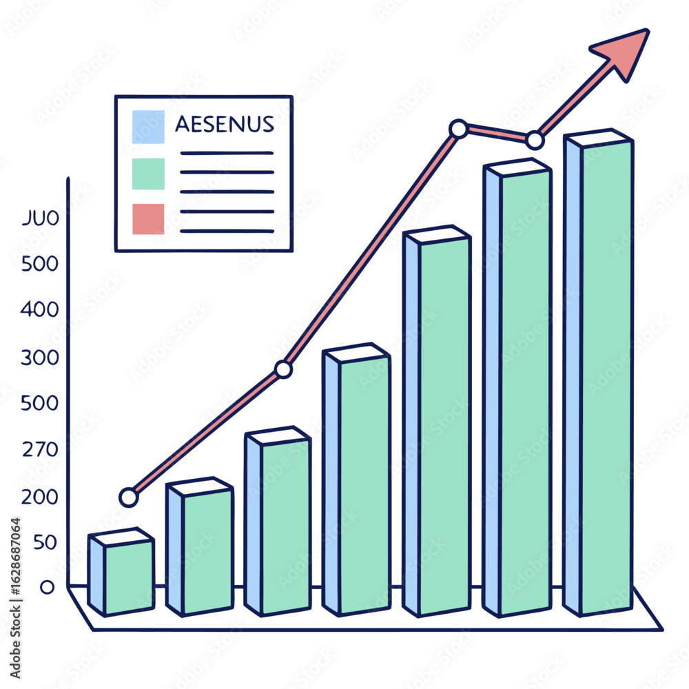 Poster isometric bar graph showing upward trend with an arrow and a document labeled aesenus in the corner