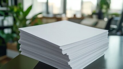 Stack of blank white paper on a table in a modern office.