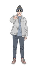 Fototapeta premium A stylish young man in a beanie and sunglasses pointing directly at the viewer. Full-body character illustration.