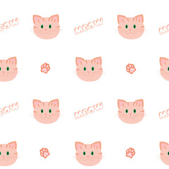 Seamless Pattern Featuring Cute Cat Faces, Paw Prints, and Meow Text