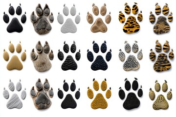 Unique patterns of animal tracks displayed creatively on a white background showcasing their diversity and texture