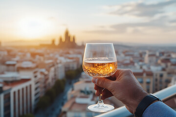 Elevated toast: a hand holds a crystal glass of amber liquid against a blurred cityscape at sunset, creating a warm, celebratory atmosphere. Cheers to new heights!