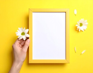 Yellow frame, white flowers, hand