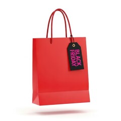 Red shopping bag with black friday tag isolated on white background