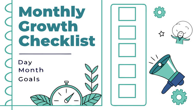 A monthly growth checklist with a checklist, megaphone, clock, plant, gear, and happy person illustration
