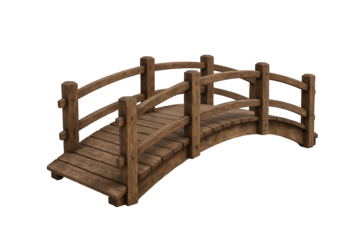 Rustic Wooden Garden Arch Bridge with Curved Railings, Isolated on Black for Design Projects