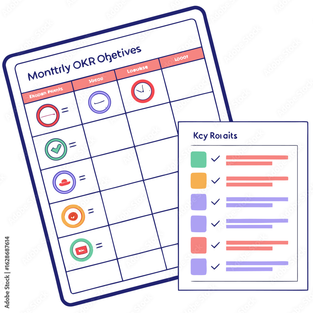 Poster illustration of a monthly okr objectives chart with key roi aits list and various status indicators
