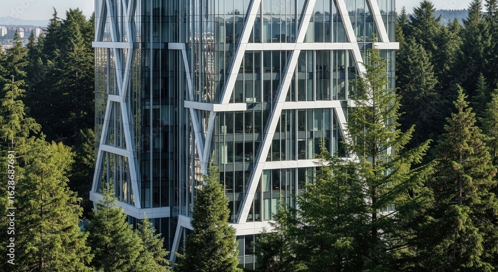 Poster modern architectural building surrounded by lush greenery. the building is designed with unique geom