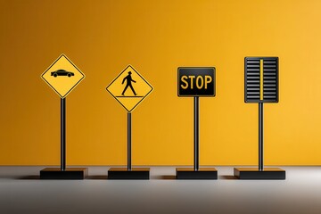 Vibrant collection of traffic signs against a striking yellow backdrop displays rules of the road in an artistic arrangement