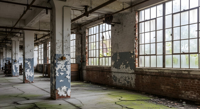 Empty desolate factory interior with peeling paint, large windows and grunge aesthetic