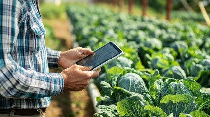 Farmer using tablet in cabbage field, checking growth.