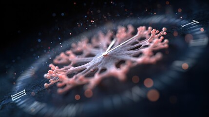 Focused medium frame on a glowing neural network forming blossoming petals with outoffocus ticking clocks drifting gently highlighting the race against time in dementia care.