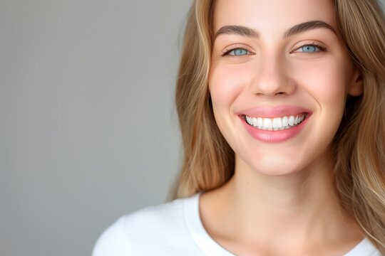 Caucasian woman smiling with straight white teeth, Dental beauty portrait, Gray background with copy space, Oral hygiene lifestyle, Minimal close up