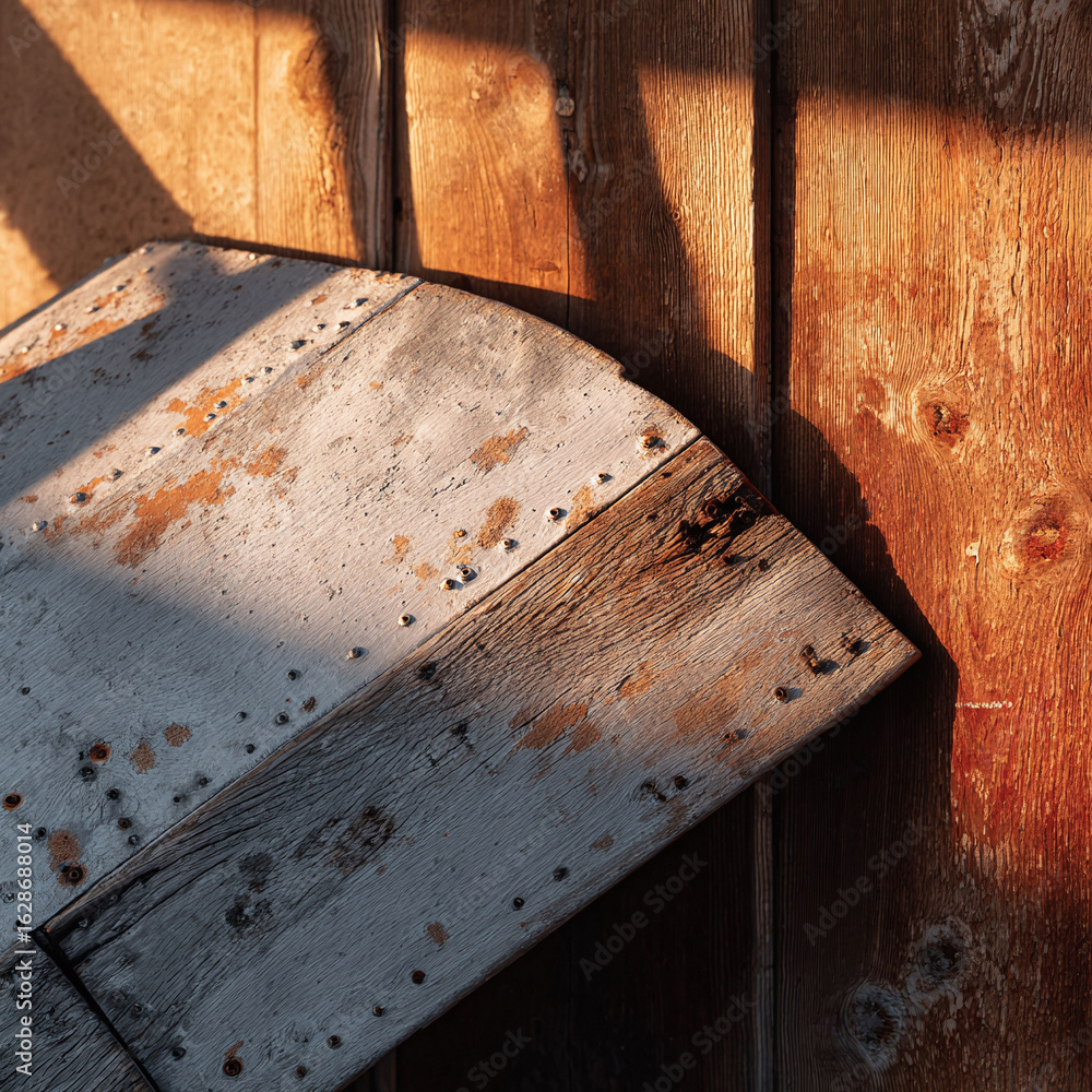 Poster weathered wooden planks create a rustic texture, highlighted by warm light and deep shadows. evokes 