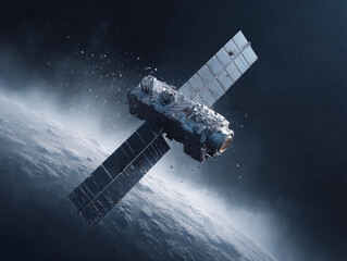 Obraz premium Futuristic satellite orbiting a planet. Space exploration, science, and technology concept. Could symbolize innovation, connectivity or orbital debris issues.