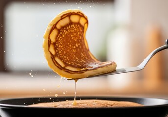 Fototapeta premium Pancake being flipped on a spatula with syrup dripping off of it
