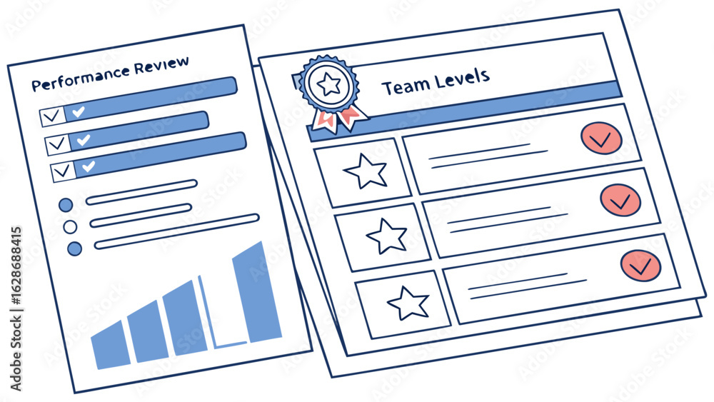 Poster illustration of performance review document with checklist and team levels document with stars shown