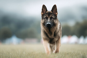 A majestic German Shepherd strides purposefully across a grassy field, focused and determined. Perfect for conveying loyalty, protection, or companionship themes.