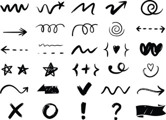 Hand-drawn black ink design elements: arrows, swirls, stars, symbols, and banners; playful, expressive style; perfect for scrapbooking, journaling, and social media.