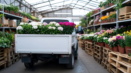A delivery of hydrangeas in a pickup truck, with rows of flowers at a greenhouse. Seasonal flowers are available for sale. #flowers #horticulture