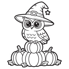 Halloween Owl with Witch Hat and Pumpkins Line Art – Cute Spooky Black and White Coloring Page for All Ages
