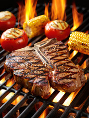 A Mouthwatering T-Bone Steak and Grilled Vegetables on a Fiery Grill, Showcasing the Art of Outdoor Cooking and the Delights of Summer Barbecues