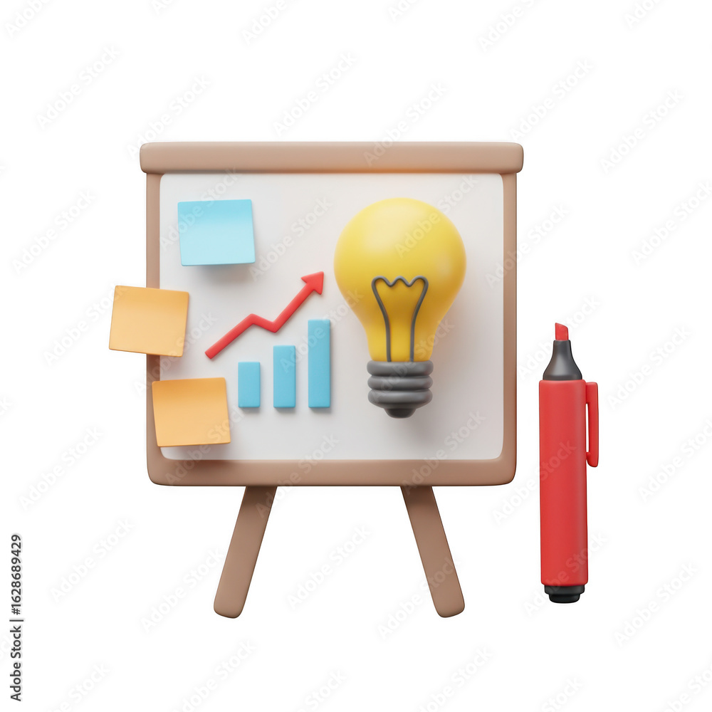 Poster 3d business presentation board with lightbulb and marker isolated on transparent background
