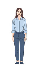 Fototapeta premium Full-length illustration of a young Asian woman in business casual attire. Professional office worker character design on a white background.