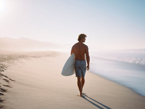 A surfer walks along a sandy beach towards the water with his board under his arm in the soft light of dawn, evoking freedom, escape, and the anticipation of riding the waves.