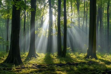 Fototapeta premium Nature is characterized by autumn forest trees, green wood, and warm sunlight backgrounds