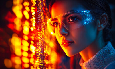 Close-up portrait of woman wearing protective glasses analyzing futuristic digital data interface with vibrant orange and blue lighting for technology innovation concept