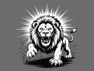 Fototapeta premium Aggressive lion charging forward with radiating lines and dust effect vector illustration