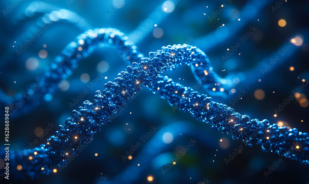 Poster close-up 3d rendering of winding blue dna strands with glowing particles representing genetic inform