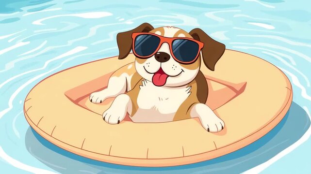 Playful puppy relaxing in the pool on a mattress on a warm summer day, cartoon vector style, travel and vacation concept