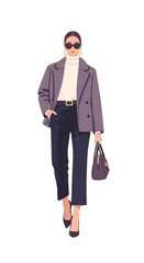 Stylish woman in modern street style fashion. Confident female character walking in a chic outfit with a purple coat and sunglasses.