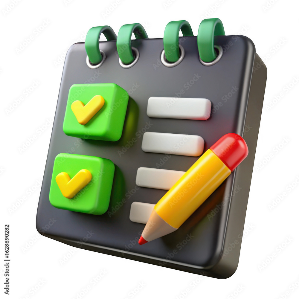 Poster 3d to do list with checkmarks and pencil isolated on transparent background
