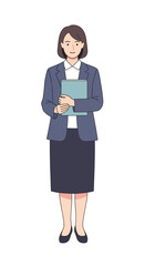 Illustration of a professional businesswoman in a suit holding a folder. Full-body character design isolated on a white background.