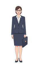 Confident businesswoman in a formal suit holding a briefcase. Full-body character illustration of a corporate professional.