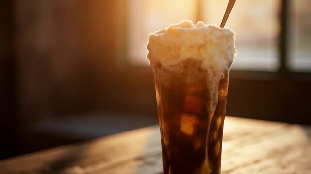 Classic root beer float with frothy vanilla ice cream in frosty mug for National Root Beer Float Day [with copy space]