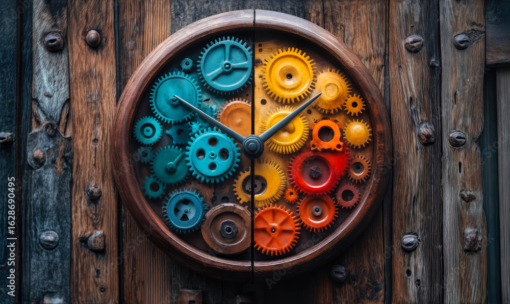Poster colorful interlocking gears in circular wooden frame mounted on rustic wooden door symbolizing mecha