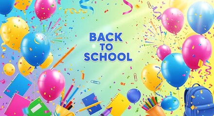 Back to school celebration with balloons confetti and school supplies in a colorful background
