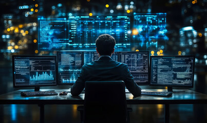 Business professional analyzing complex data and financial charts on multiple computer monitors in high-tech office environment at night with city lights in background